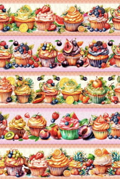Tricoline estampa digital barrado cupcakes com frutas 