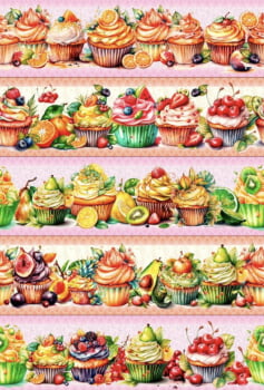 Tricoline estampa digital barrado cupcakes com frutas 