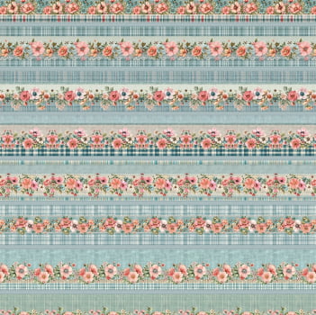 Tricoline estampa digital barrado floral azul chic