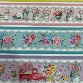 Tricoline estampa digital barrado floral rendado