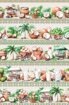 Tricoline estampa digital barrado frutas da praia 