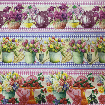 Tricoline estampa digital barrado vasinho com flores