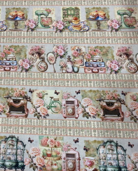 Tricoline estampa digital barrado vintage rose