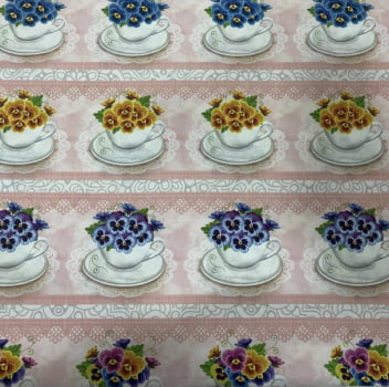 Tricoline estampa digital xícaras fundo xadrez rosa chá - Renatta Tecidos