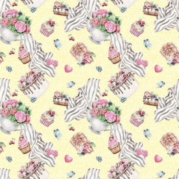 Tricoline estampa digital composê flores e bolos