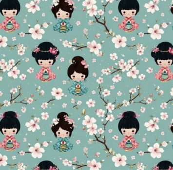 Tricoline estampa digital kokeshi com cerejeiras 