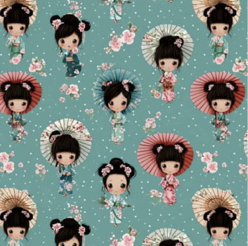 Tricoline estampa digital kokeshi com guarda chuva 