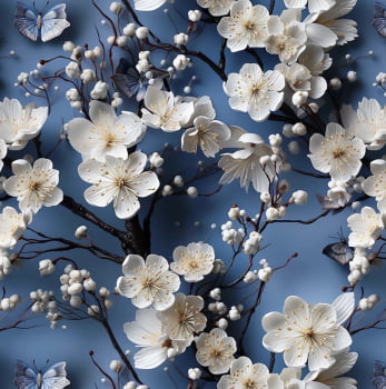 Tricoline estampa digital floral branco com fundo azul 