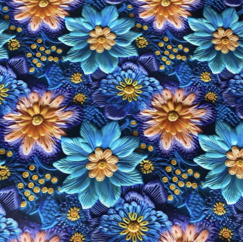 Tricoline estampa digital floral em tons de azul 