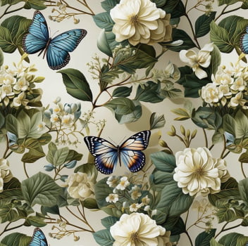 Tricoline estampa digital floral marcante com borboletas 