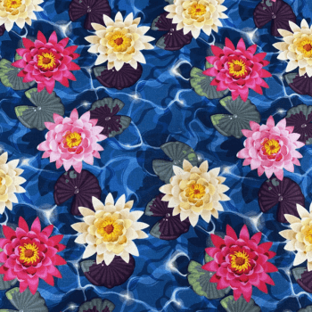 Tricoline estampa digital floral amarelo e rosa fundo azul