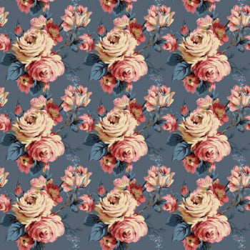 Tricoline estampa digital floral bege e rose fundo azul