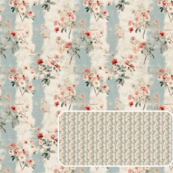 Tricoline estampa digital floral com listrado azul Shabby Romance 