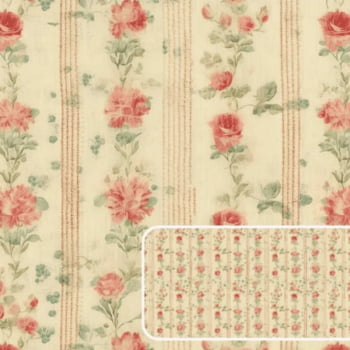 Tricoline estampa digital floral com listrado bege Shabby Romance 