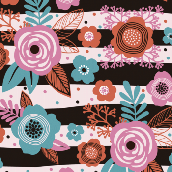 Tricoline estampa digital floral com listrado preto 