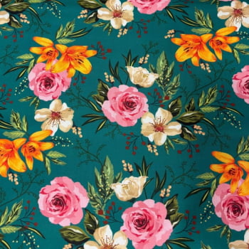 Tricoline estampa digital floral fundo verde 