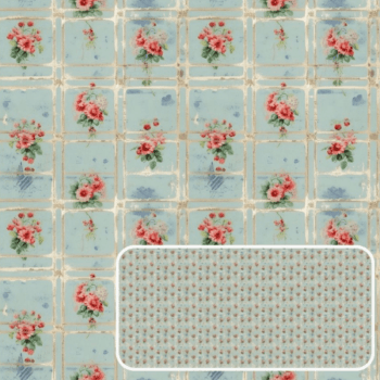 Tricoline estampa digital floral fundo xadrez Shabby Romance 