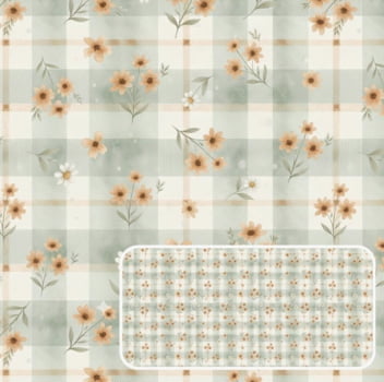 Tricoline estampa digital floral miúdo fundo xadrez cute orange
