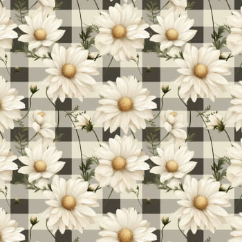 Tricoline estampa digital girassol fundo xadrez preto 