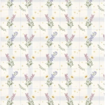 Tricoline estampa digital margarida e lavanda fundo xadrez 