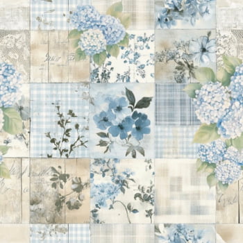 Tricoline estampa digital patchwork hortênsias 