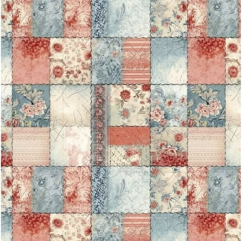 Tricoline estampa digital puro patchwork rosa e azul claro 