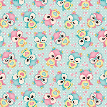 Tricoline estampa digital corujinhas fofas fundo tiffany