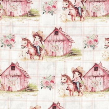 Tricoline estampa digital menina e celeiro 