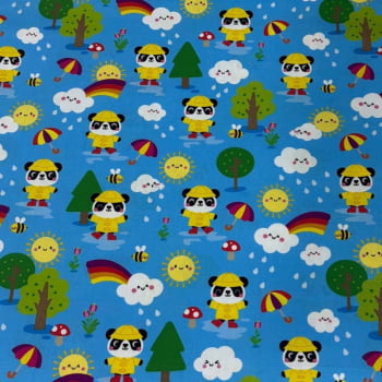 Tricoline estampa digital pandinha na chuva fundo azul