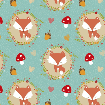 Tricoline estampa digital raposinha fundo tiffany 