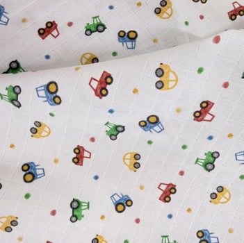 Tecido fralda digital quadriculada carrinhos - CORTES 1,00m x 0,78m