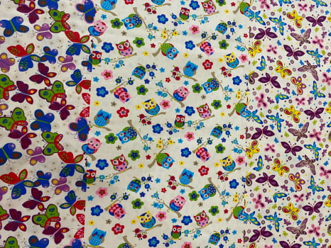 Tricoline estampado barrado borboletas e corujas 