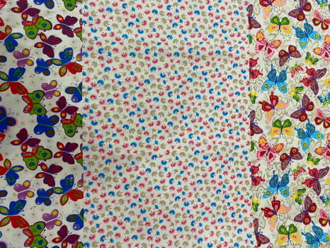 Tricoline estampado barrado borboletas e corujas