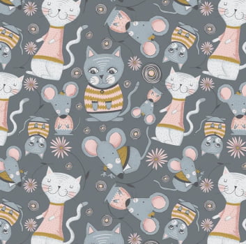 Tricoline estampado kitty garden cinza