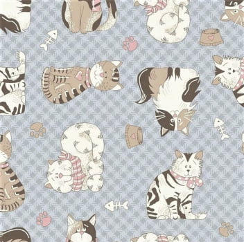 Tricoline estampado mini gatos fundo lavanda 