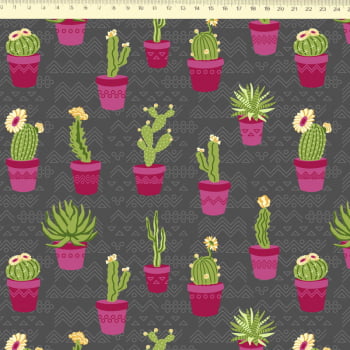 Tricoline estampado cactos fundo cinza
