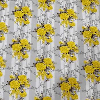 Tricoline estampado Flora cinza e amarelo 