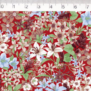 Tricoline estampado floral bege fundo vermelho 