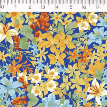 Tricoline estampado floral colorido fundo azul