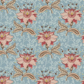 Tricoline estampado floral com arabescos fundo azul