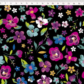 Tricoline estampado floral fundo preto