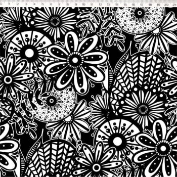 Tricoline estampado floral preto e branco 