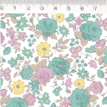 Tricoline estampado floral rosa e verde fundo claro 