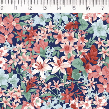 Tricoline estampado floral rose fundo azul 