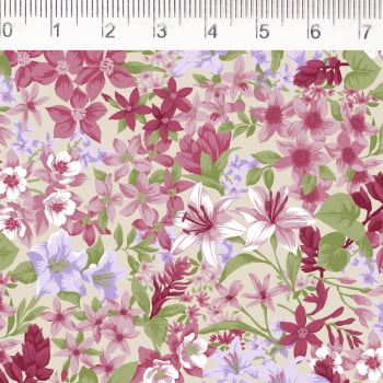 Tricoline estampado flores rosas fundo bege