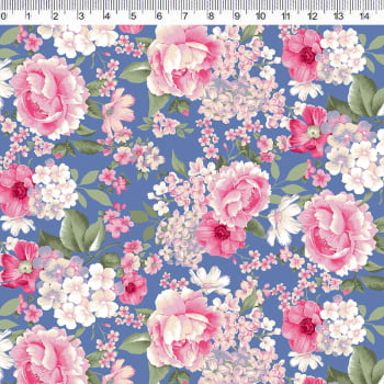 Tricoline estampado Nordic spring floral médio fundo azul