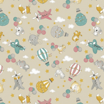 Tricoline estampado bichinhos e balões fundo bege