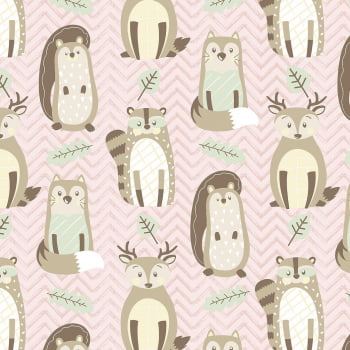 Tricoline estampado bichinhos silvestres rosa