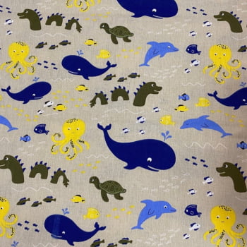 Tricoline estampado fundo do mar fundo bege 