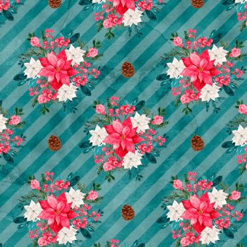Tricoline estampa digital flores com listrado enviesado azul